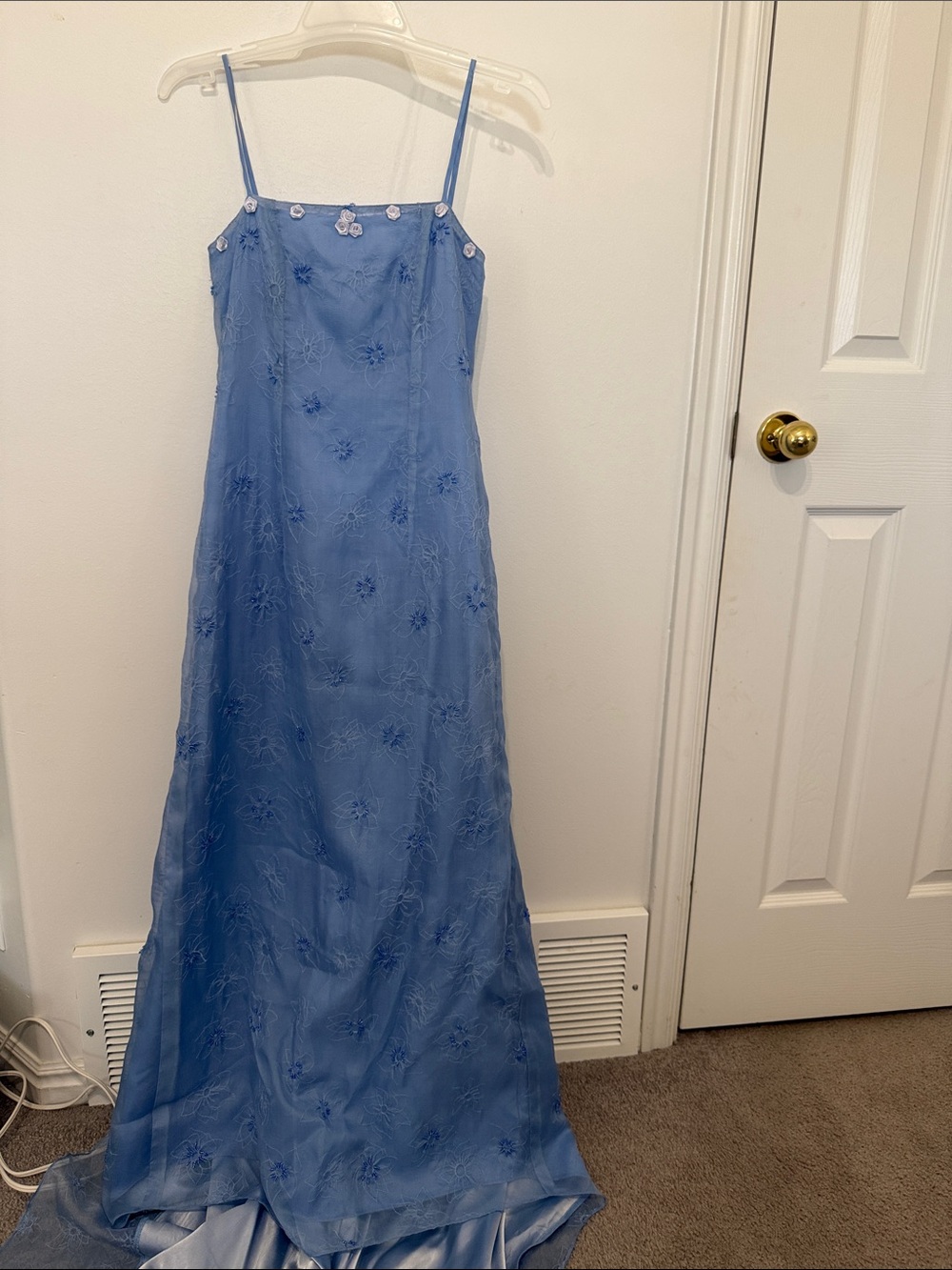 Sky Blue Embroidered Spaghetti-Strap Prom Dress